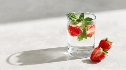 Glass of detox water with fresh sliced strawberries and green mint leaves, inspiring natural wellness