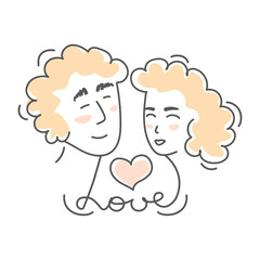A happy loving couple face to face. Vector illustration of a man and woman in love in a simple style with a calligraphic lettering. Happy Valentine's Day.