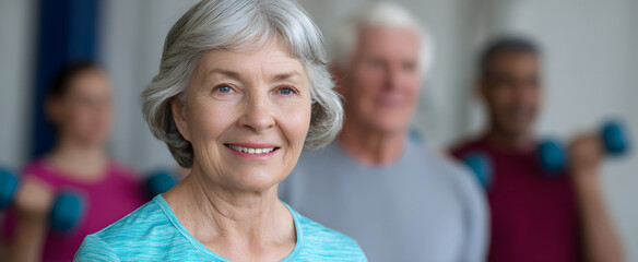 Senior adults engaged in an indoor group fitness class enhancing health and mobility.