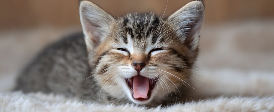 Sleepy kitten stretching big yawn while chilling on a cozy cushion or bed