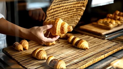 Delicious freshly baked croissants arranged on a wooden display. A hand reaches for a pastry, emphasizing the craftsmanship and flavor of artisan bakery products.