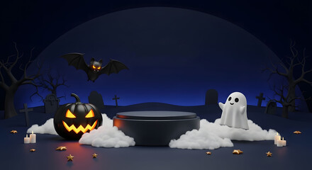 Spooky Halloween Stage with Glowing Pumpkin, Ghost, Bat and Candles on a Dark Blue Background