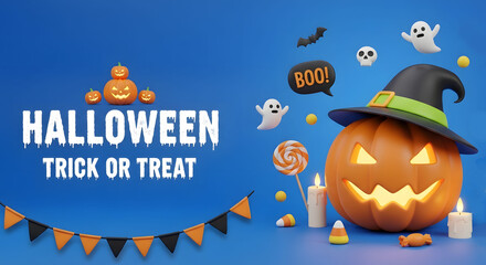 Spooky Halloween Trick or Treat Celebration Banner with Pumpkins, Ghosts, and Candy Decorations