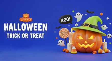 Halloween Trick or Treat Design with Pumpkin, Ghosts, and Candy