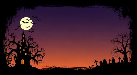 Vector illustration of a spooky haunted house and cemetery with a full moon, bats flying in the purple and orange twilight sky