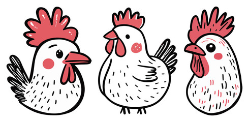 Cute Hand Drawn Chickens Trio – Doodle Farm Hen Vector Illustration