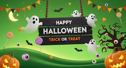 Happy Halloween Banner Festive Ghosts, Pumpkins, and Sweets in a Spooky Celebration