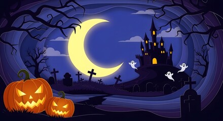 Enchanting Halloween Night Illustration with Spooky Castle, Glowing Pumpkins, and Flying Ghosts Under a Mystical Crescent Moon in a Graveyard Scene