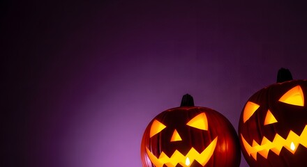 A pair of glowing jack-o'-lanterns with sinister grins casting an orange light on a dark purple background for Halloween