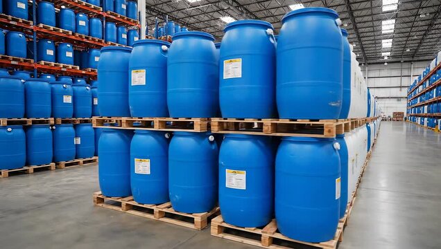 Warehouse storage of blue barrels stacked on wooden pallets, industrial setting.