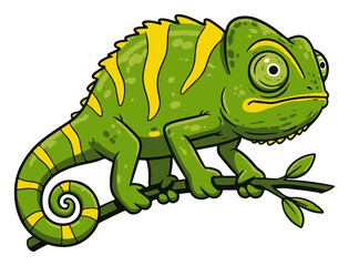 Cute Green Chameleon on Branch – Cartoon Reptile Lizard Vector