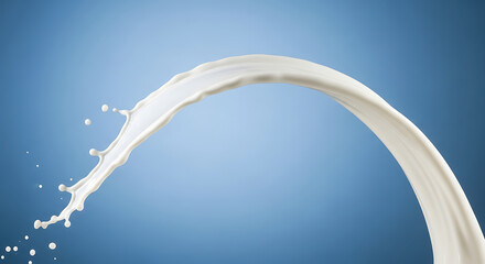 A white splash of milk arching in the air against a soft blue background, creating a dynamic and refreshing visual