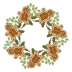 Gingerbread characters arranged in a festive wreath with greenery and berries for holiday cheer
