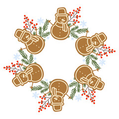 Winter-themed circle of snowmen surrounded by festive greens and berries for holiday decoration