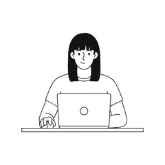 Simple line drawing of woman using laptop for remote office work illustration
