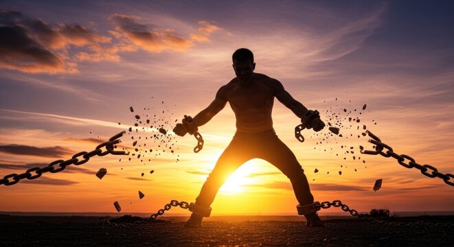 A muscular man in a sunset, breaking chains with his bare hands.