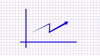 Hand drawn blue arrow graph showing upward trend and growth on a grid paper background