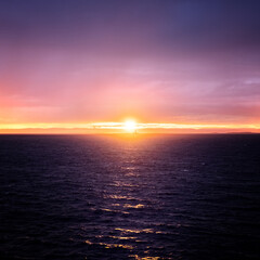 Fototapeta premium Breathtaking view of the sun setting over a vast, calm ocean, casting vibrant purple, orange, and pink hues across the sky and water. The tranquil seascape captures the peaceful transition between day