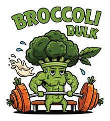 Funny broccoli character lifting weights at the gym. Broccoli Bulk pun vector for fitness and bodybuilding T-shirt design.