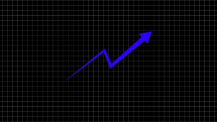 Bright blue upward trending arrow graph on a dark grid background symbolizing financial growth and success