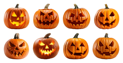 PNG Carved pumpkins with glowing faces, element set on transparent background
