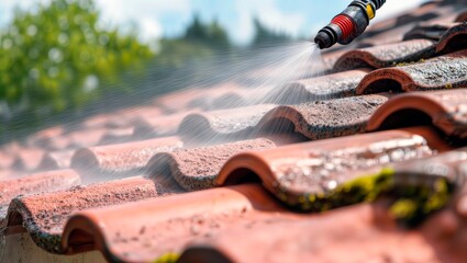 Pressure washer cleaning moss from terracotta roof tiles with water jet.