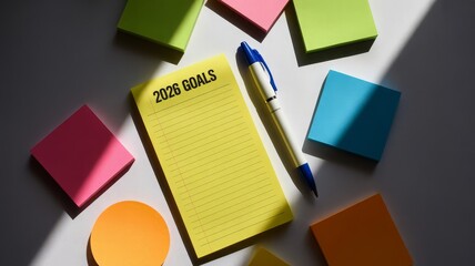 A yellow notepad with '2026 GOALS' written on it, surrounded by colorful sticky notes and a pen.