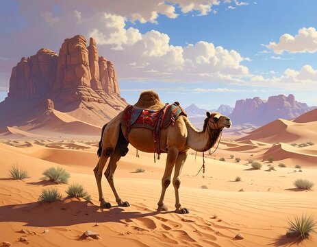 A camel stands in a vast, arid desert landscape. Towering sandstone formations and rolling dunes stretch to the horizon
