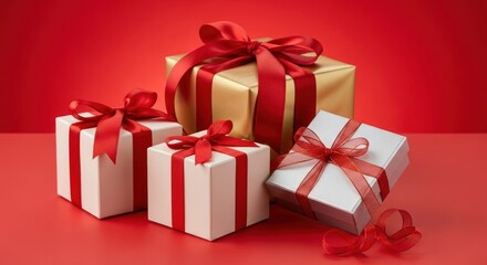 Four wrapped gifts with red ribbons on a red background.