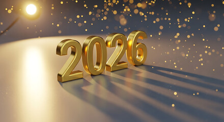 Golden 2020 numbers shining on a reflective surface with abstract festive lights