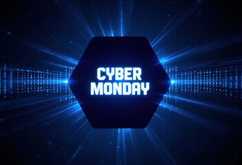 Cyber monday digital sale banner with neon hexagon and blue light effects