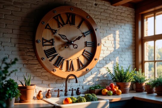 Large wooden wall clock with roman numerals in a rustic kitchen. - Powered by Adobe