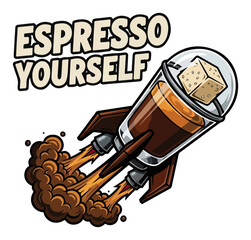 Funny Coffee Pun Espresso Yourself. Cartoon espresso shot rocket ship vector illustration. © Cristiano