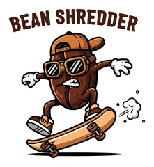 Cool coffee bean character on a skateboard. Funny Bean Shredder pun vector for T-shirt design.