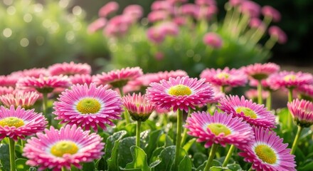 Obraz premium Pink daisies in a garden with sunlight filtering through the leaves.