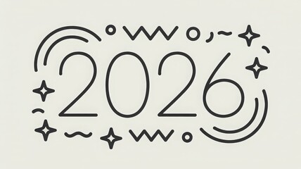 A stylized graphic design featuring the year 2026 in a decorative rectangular frame with festive elements.