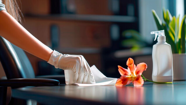 Hand in a glove cleaning an office desk with a disinfectant spray.