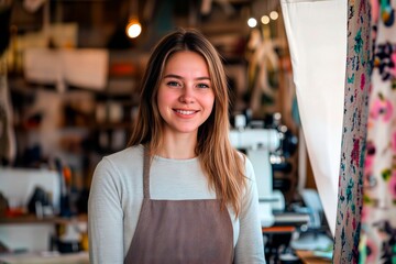 Portrait of a smiling young woman in an apron in a creative workshop.