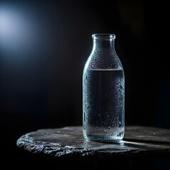 Clear glass bottle filled with sparkling water and bubbles on a wet surface with dark background