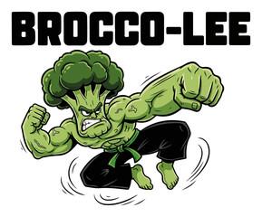 Strong broccoli martial arts fighter character. Funny Brocco-Lee pun. Vegan power mascot for gym or t-shirt design vector illustration