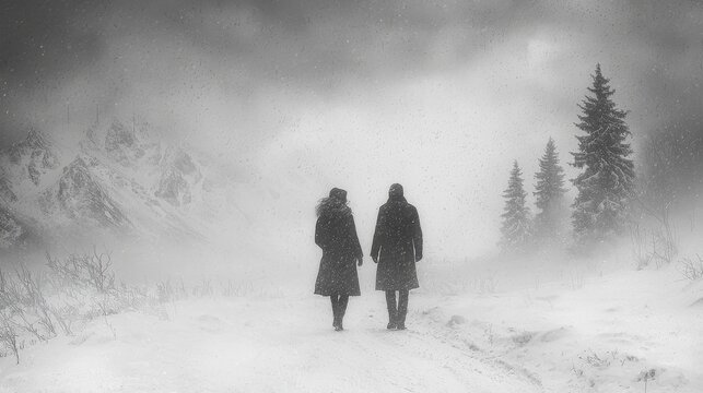 A couple walking away in a snowy landscape with trees and mountains in black and white photography