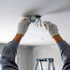 Electrician in gloves installing ceiling motion sensor with screwdriver.