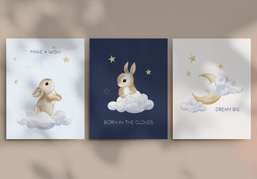 Watercolor nursery poster set with cute baby bunny on clouds and moon, dreamy night sky animal illustration for kids room wall decor and printable art