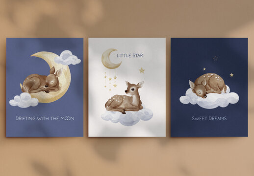 Watercolor nursery poster set with baby deer sleeping on clouds and moon, dreamy night sky animal illustration for kids room decor and printable wall art