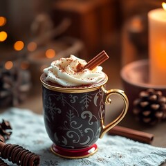 a professional warm and inviting photograph of a rich chocolate Christmas cocoa in a decorative holiday mug, with the cocoa filled to the brim and topped with a generous dollop of whipped cream, sprin