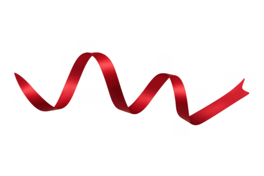 Red ribbon forming elegant wavy shape, symbolizing celebration, opening, gift, christmas on transparent background