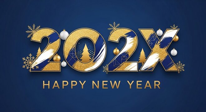 Happy New Year 202X Celebration with Gold and Blue Design.