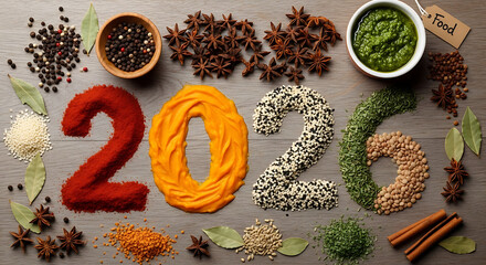 Happy new year 2023 creatively formed with spices herbs and grains on a textured surface