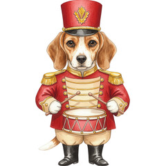 Adorable Beagle Drummer Dog Dressed in Nutcracker Soldier Uniform Standing Proudly with Drum
