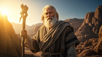 Moses the biblical prophet with a long white beard and staff walks alone through a vast windswept desert landscape symbolizing his journey faith and leadership during the Exodus - Powered by Adobe